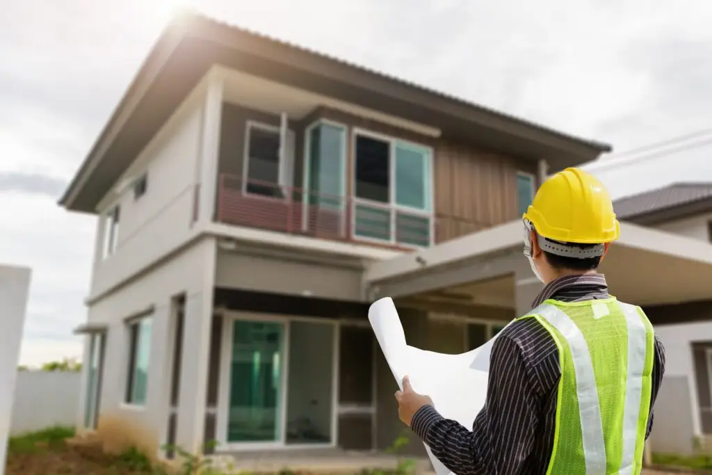 Professional,Engineer,In,Protective,Helmet,And,Blueprints,Paper,At,The